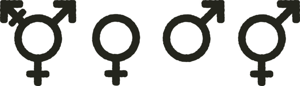 Set of gender symbols: female, male, transgender, genderqueer signs. Hand drawn rough silhouette. Vector illustration design.