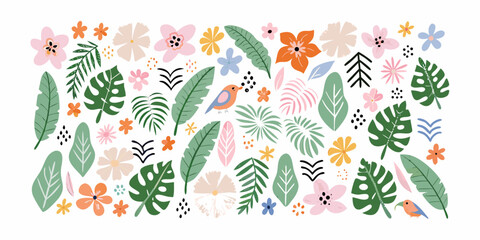 Naklejka premium Tropical leaves flowers and birds illustration on white background