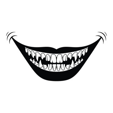 Stylized black and white illustration of a wide, sharp-toothed smile