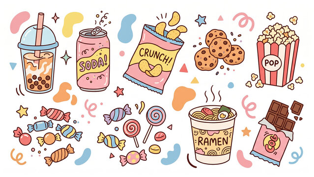 Cute kawaii fast food and snack doodle set with bubble tea, soda, chips, cookies, popcorn, candy and ramen. Vector illustration