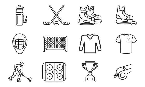 Lineart sports icons vector collection ice hockey equipment and accessories