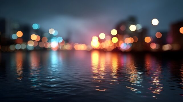 Vibrant reflections of an illuminated city skyline mirroring across the tranquil deep water at night