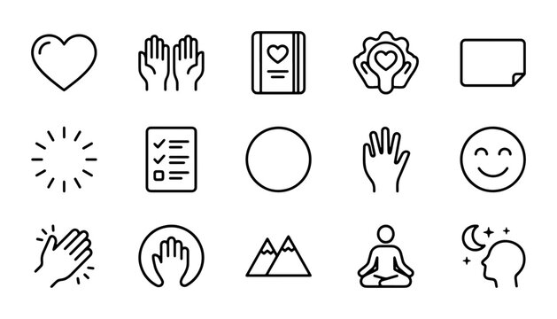 15 Essential Icons: Love, Support, Health, Mindfulness, and Gratitude Vector Set