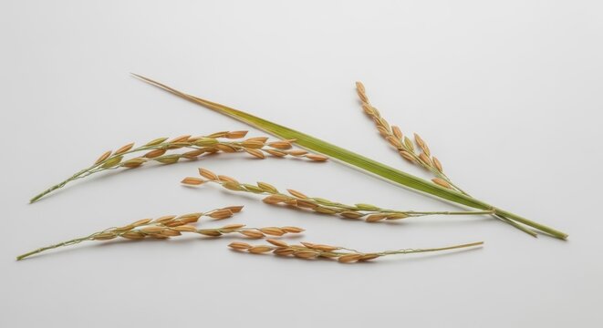 Scattered Rice Stalks and Leaves on a White Surface