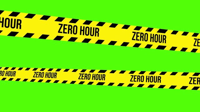 Zero Hour Hazard: Striking yellow caution tape marked with Zero Hour cuts across a vibrant green backdrop, creating a compelling visual metaphor for imminent danger and critical moments.