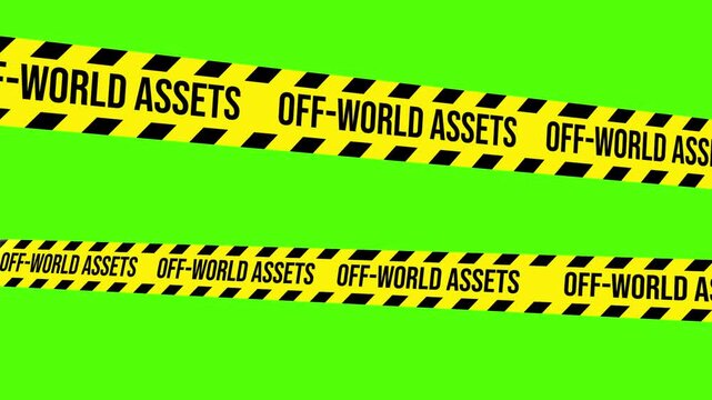 Off-world assets warning: Caution tape alerts a risk. A close-up view of hazard stripes on a vibrant green background, emphasizing a warning sign for off-world assets.