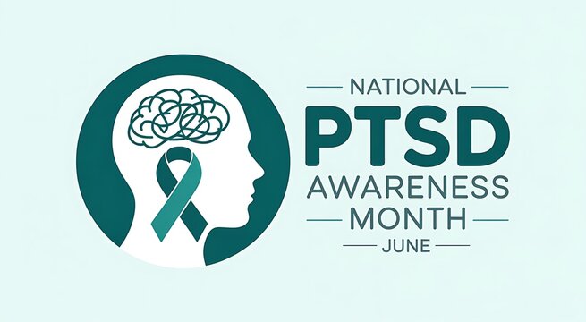 National ptsd awareness month graphic featuring a teal ribbon brain illustration and profile silhouette for june campaigns