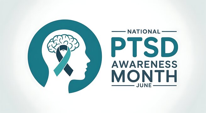 National ptsd awareness month illustration featuring a teal ribbon and human profile with brain observed in june