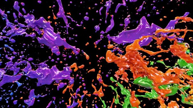 Vibrant liquid paint splashes colliding in a colorful artistic abstract explosion