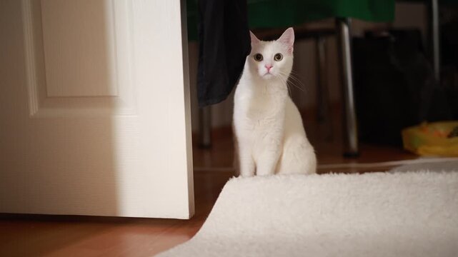Close-up of a scared stray white cat hiding in a dark corner  Animal trauma concept