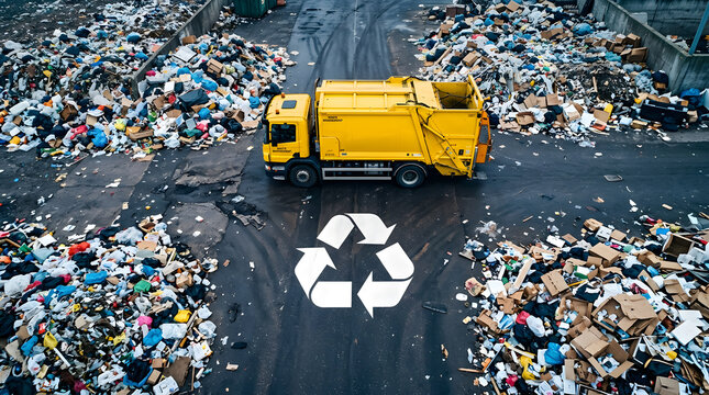 Yellow garbage truck at waste management facility | Large recycling symbol painted on asphalt | Industrial refuse collection and trash sorting | Sustainable urban waste disposal services