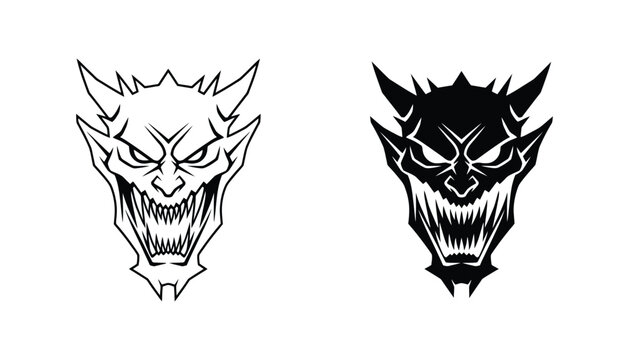 Aggressive devilish creature head with sharp teeth and horns vector illustration set for dark branding