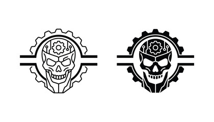 Cybernetic skull with gear and mechanical components vector illustration for sci-fi and technology branding featuring robotic death head in outline and solid black silhouette styles © Padma
