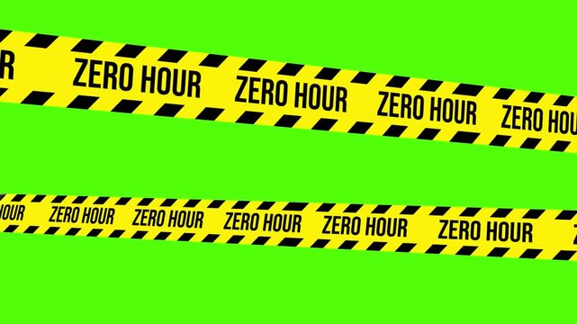 Zero Hour Warning: Bold yellow caution tape with the words Zero Hour printed prominently against a vibrant green backdrop, creating a stark visual reminder of impending urgency.