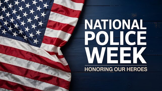 National police week tribute featuring the american flag on a dark blue woodgrain background honoring law enforcement