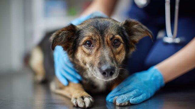 Veterinarian gently holding stray dog's head, medical gloves, emotional care moment