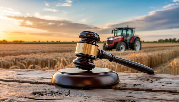 Agricultural law concept gavel resting on wood with blurred tractor and golden wheat field background
