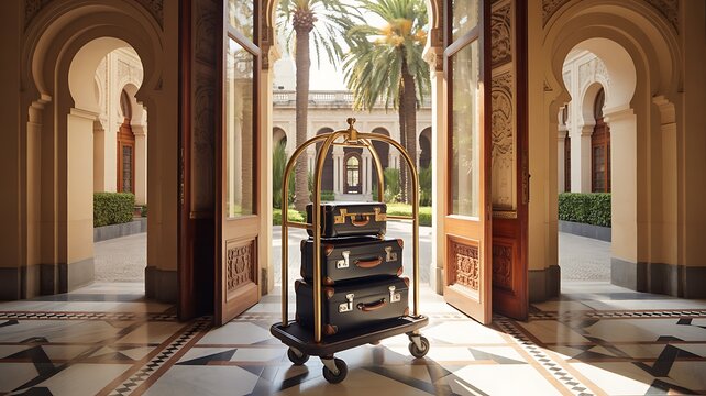 Luxury hotel lobby with stacked vintage suitcases on a bellhop cart showcasing travel and hospitality concepts