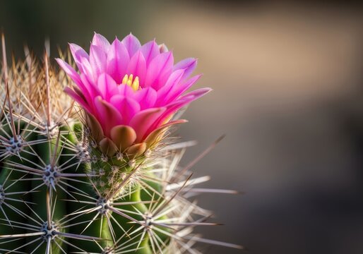 Close up macro shot of a desert cactus showing a beautiful, bright pink flower blooming among sharp green spines, symbolizing resilience, summer, bloom, spines