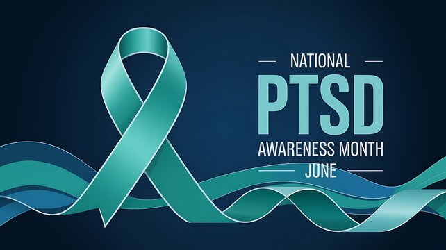 National ptsd awareness month banner with teal ribbon promoting mental health support and june awareness campaigns