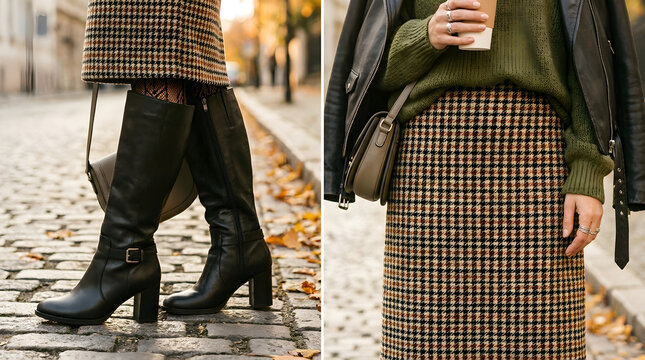 Woman walking in stylish autumn outfit with black leather boots and houndstooth skirt on city street