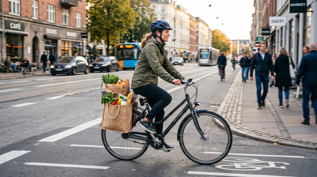 Female cyclist carrying groceries on urban bike lane