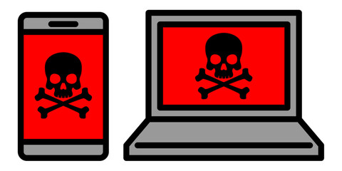 ドクロ警告が表示されたスマホとパソコンのアイコン セキュリティ危険イメージ素材　Skull Warning on Smartphone and Laptop Cyber Security Threat Icon Illustration  © ochikosan