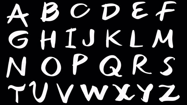 White hand drawn letters on a black background. Hand drawn animation of the English alphabet in 4K with alpha channel.