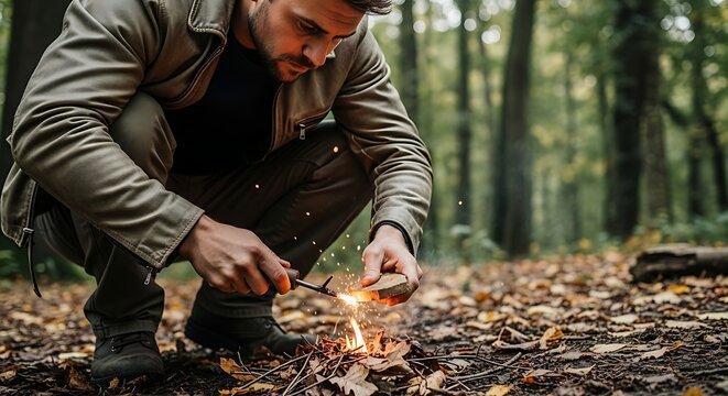 Man crouches in autumn forest, striking a flint to ignite kindling for fire