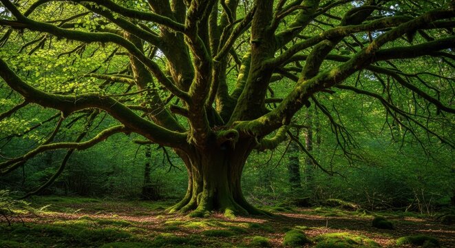 Majestic ancient trees draped in emerald moss thrive in the quiet, dappled light of the serene, dense, temperate forest environment, wild, deep, landscape