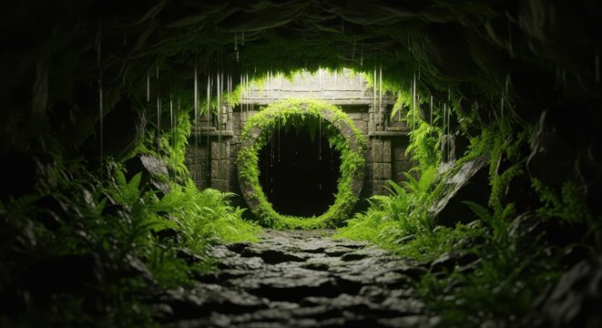 Mysterious subterranean stone cavern entrance overgrown with brilliant green moss and ferns. Dripping water enhances the humid atmosphere, subterranean, cave, natural