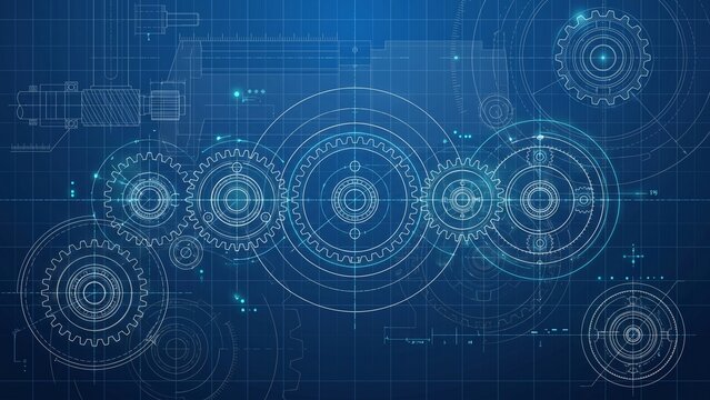 Gear Technology Blueprint Background with Interconnected Mechanical Cogs for Engineering Automation and Technical Presentation Design