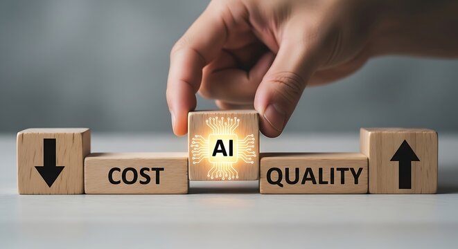 Artificial Intelligence wooden blocks concept, AI technology reducing cost and increasing quality, business automation and efficiency strategy
