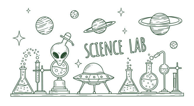 An alien explores a science lab with various beakers and planets in space