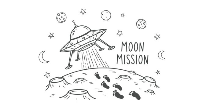 Whimsical Hand-Drawn Moon Mission Illustration with Alien Spaceship Landing on Cratered Surface and Mysterious Footprints