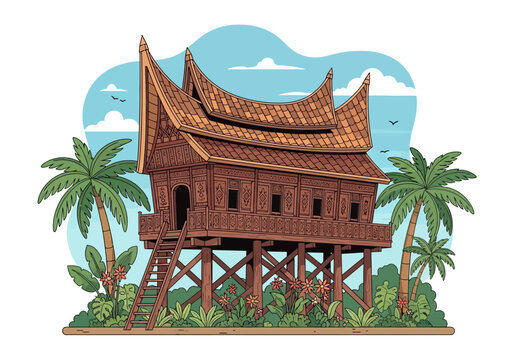 Vector illustration of a traditional Bugis stilt house from South Sulawesi featuring wooden architecture, tropical plants, and Indonesian cultural elements in clean flat vector style.