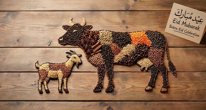 Spice and Seed Mosaic Art of Cow and Goat for Eid Mubarak Bakra Eid