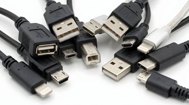 Various USB cables and connectors arranged on a white background for data transfer and charging