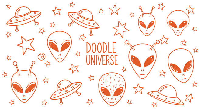 Whimsical Doodle Pattern Featuring Orange Outline Alien Heads, Flying Saucers, and Stars &ndash; Fun Extraterrestrial and Sci-Fi Elements