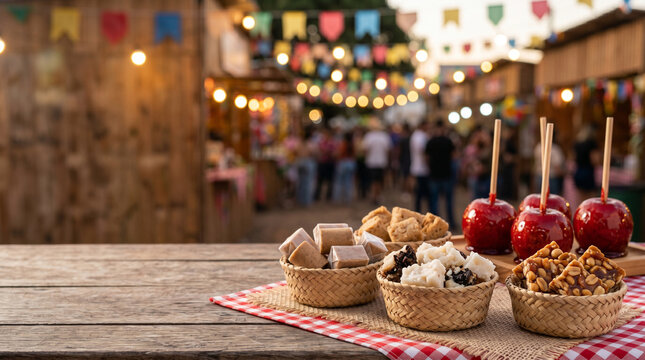 A festive outdoor gathering with various candies on the table in front