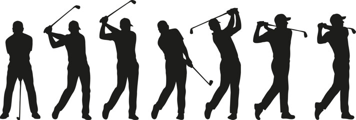 Fototapeta premium Black silhouettes of golfers in various swing positions