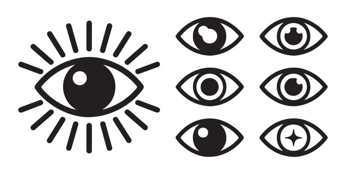 Eye vector icons set featuring various pupil styles and third eye mystic spiritual vision symbol designs.
