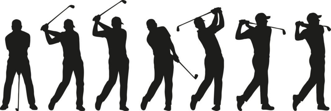 Black silhouettes of golfers in various swing positions