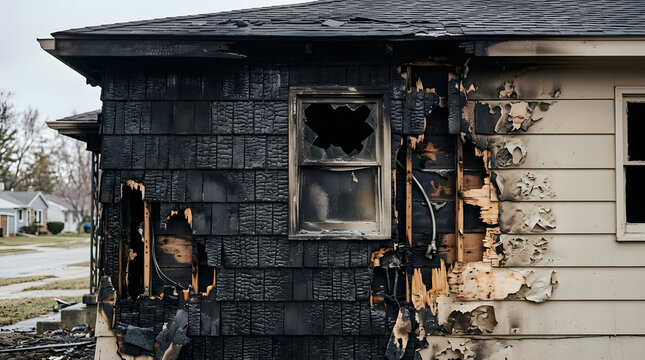 Fire damage to residential house facade | Burnt home siding and broken window after fire | Property insurance claim for house fire destruction | Charred exterior walls of suburban home