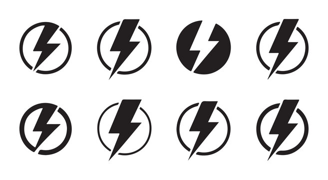 Set of eight electrical lightning bolt symbols inside circles on white background vector illustration.