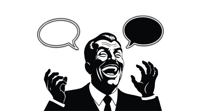 Businessman laughs loudly while standing between two empty speech bubble icons.