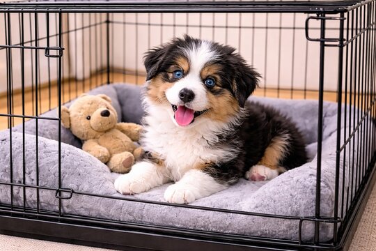 Cute Australian Shepherd puppy with blue eyes lying in crate on grey cushion next to teddy bear toy