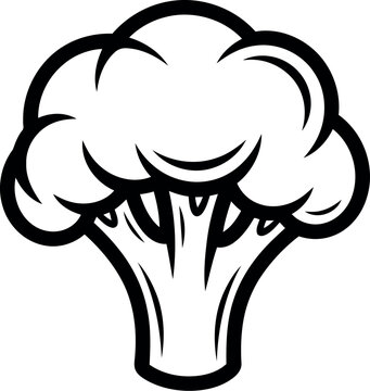 A simple black and white line art illustration depicting a single head of fresh green broccoli