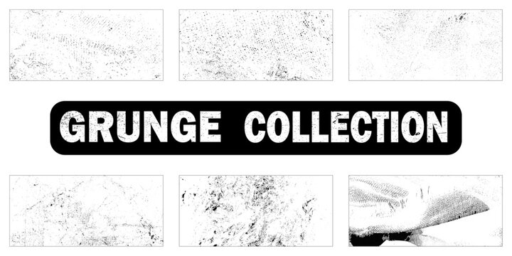 Grunge overlay texture. Old dirty concrete background with cracks and scratches. Distressed grainy surface. High-quality grunge texture vector pack. 6 unique Black and white grunge dust background.