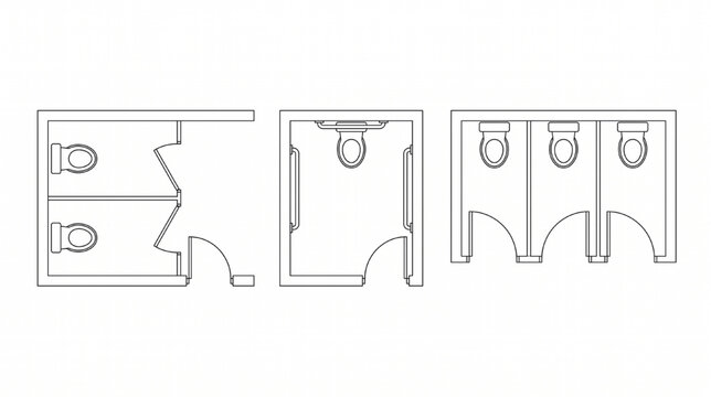 Architectural Restroom CAD Blocks Toilet Stall Top View Symbols Technical Vector Drafting
